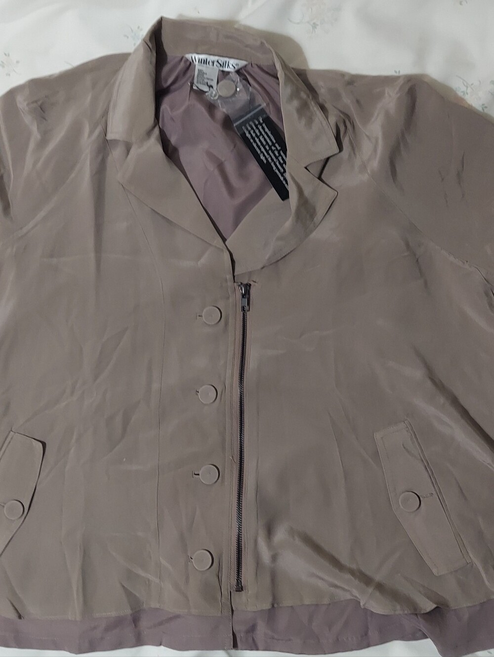 Taupe WinterSilks Lightweight Silk Jacket Asymmetrical Zip Button Closure 2xl